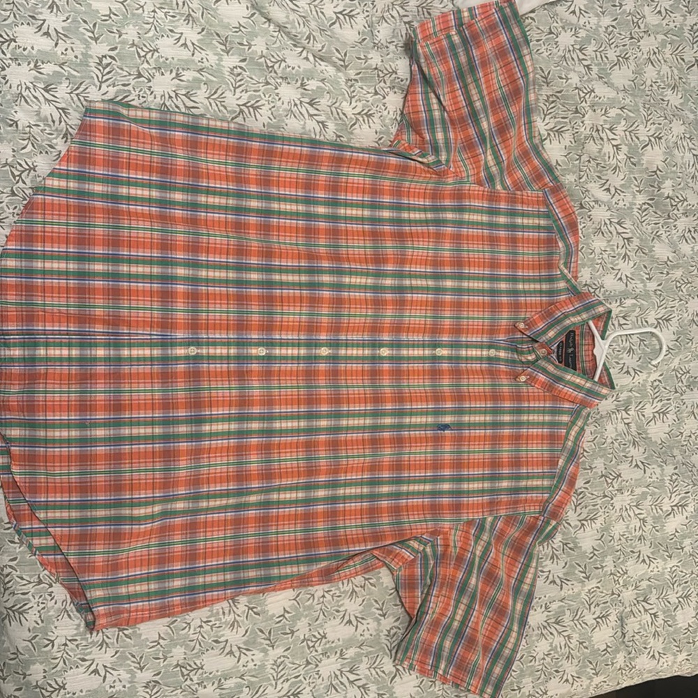 Ralph Lauren button down. Short sleeve. Coral, green, blue, white